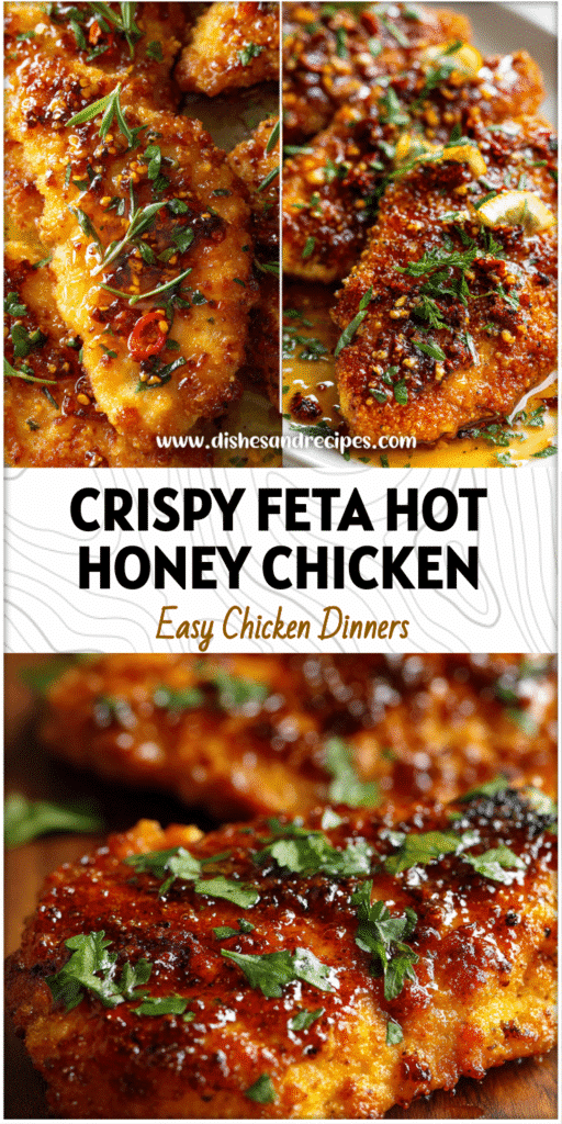 Golden crispy feta chicken breast drizzled with hot honey and garnished with fresh herbs served for summer dinner.